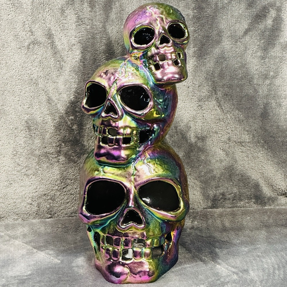 Halloween Light Up Green and Purple‎ Iridescent 3 Skull Ceramic Figurine 11"